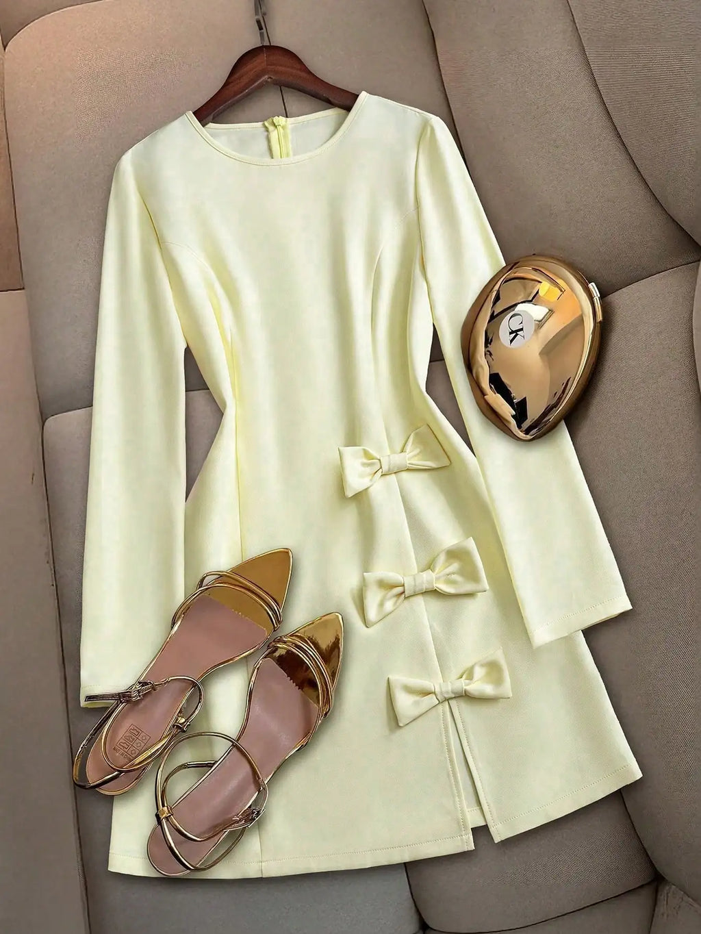 Women's Elegant Long Sleeve Crew Neck Mini Dress with Bow Decor Bodycon Formal Party Dress