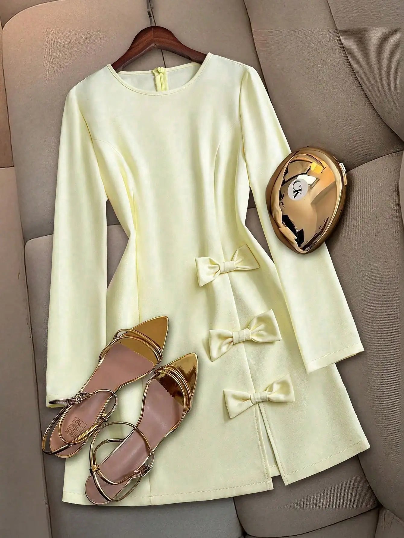 Women's Elegant Long Sleeve Crew Neck Mini Dress with Bow Decor Bodycon Formal Party Dress