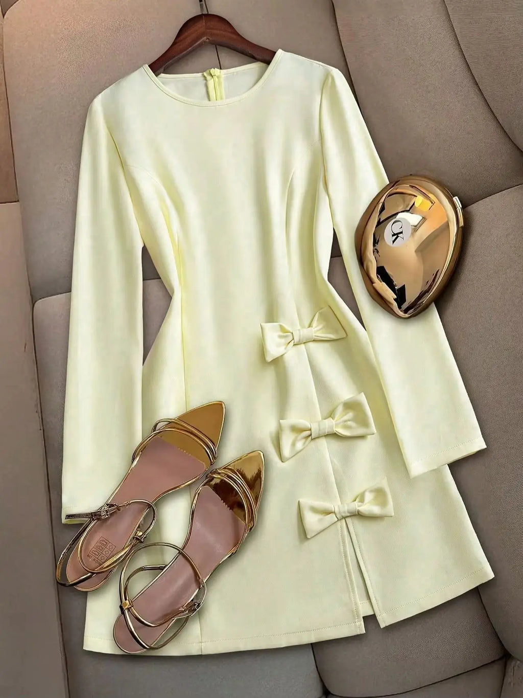 Women's Elegant Long Sleeve Crew Neck Mini Dress with Bow Decor Bodycon Formal Party Dress