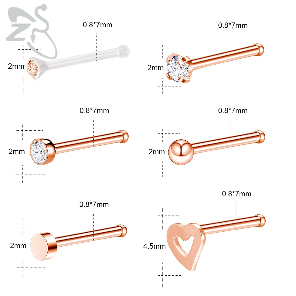 ZS 6-34pcs/Lot Heart Round Nose Piercing Ring Set Stainless Steel Crystal Nose Stud Pack L Shape Nose Nails Piercing Jewelry 20g