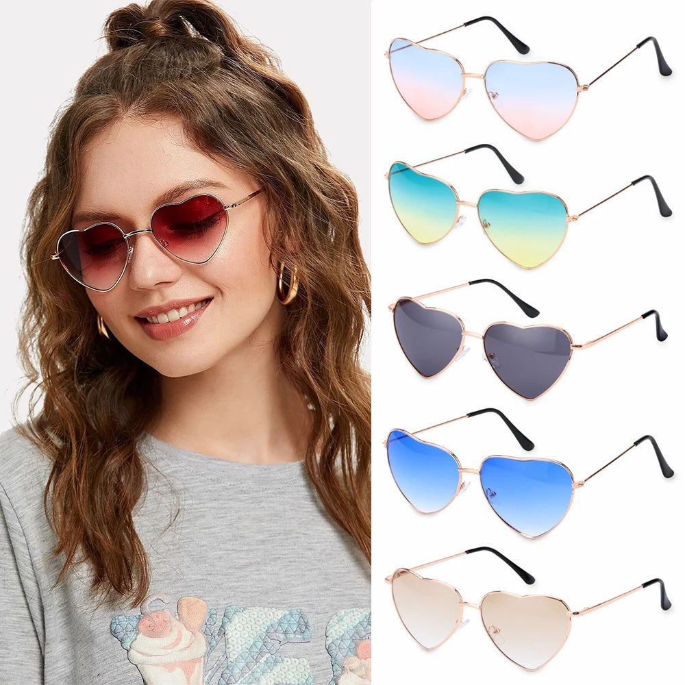 Ladies Fashion Metal Frame Sunglasses Fancy Dress Retro Heart Shaped Gradient Lens Sunglasses UV 400 Outdoor Goggles