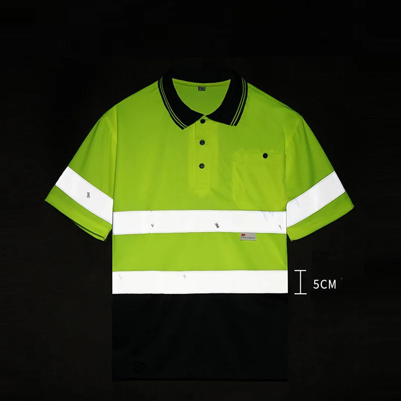 Safety Polo Shirt High Visibility Reflective Shirt With Chest Pockets Quick Dry Safety Clothes Work T-shirt Night Warning
