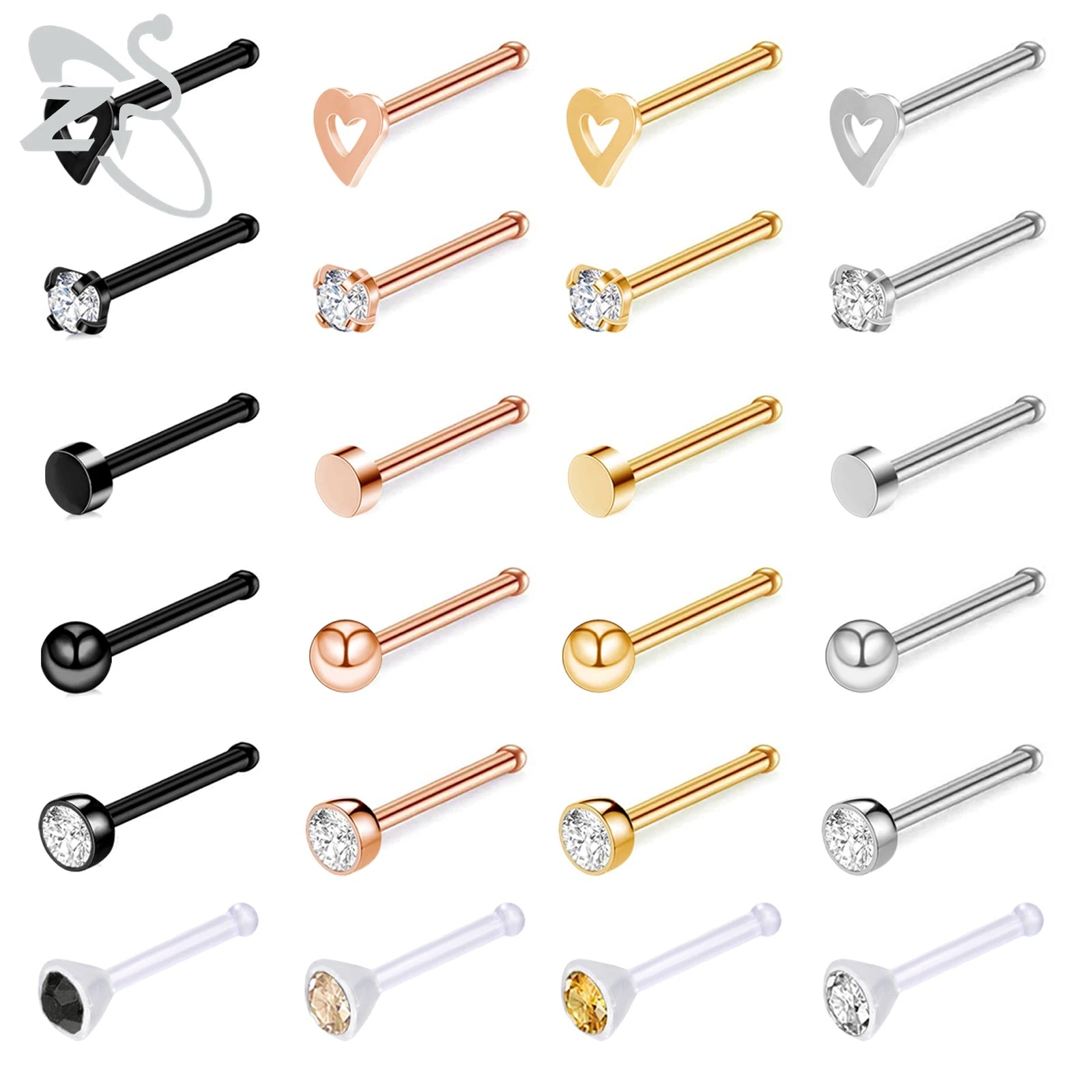 ZS 6-34pcs/Lot Heart Round Nose Piercing Ring Set Stainless Steel Crystal Nose Stud Pack L Shape Nose Nails Piercing Jewelry 20g
