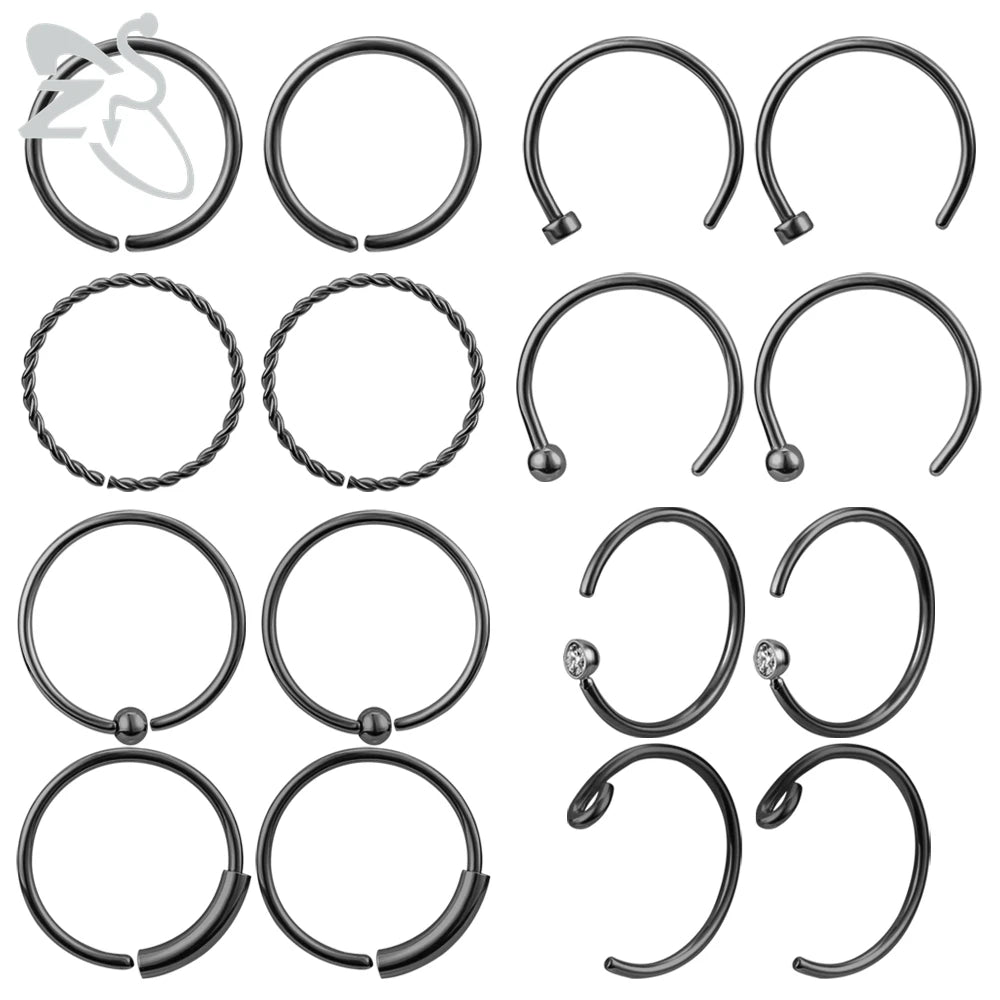 ZS 6-34pcs/Lot Heart Round Nose Piercing Ring Set Stainless Steel Crystal Nose Stud Pack L Shape Nose Nails Piercing Jewelry 20g