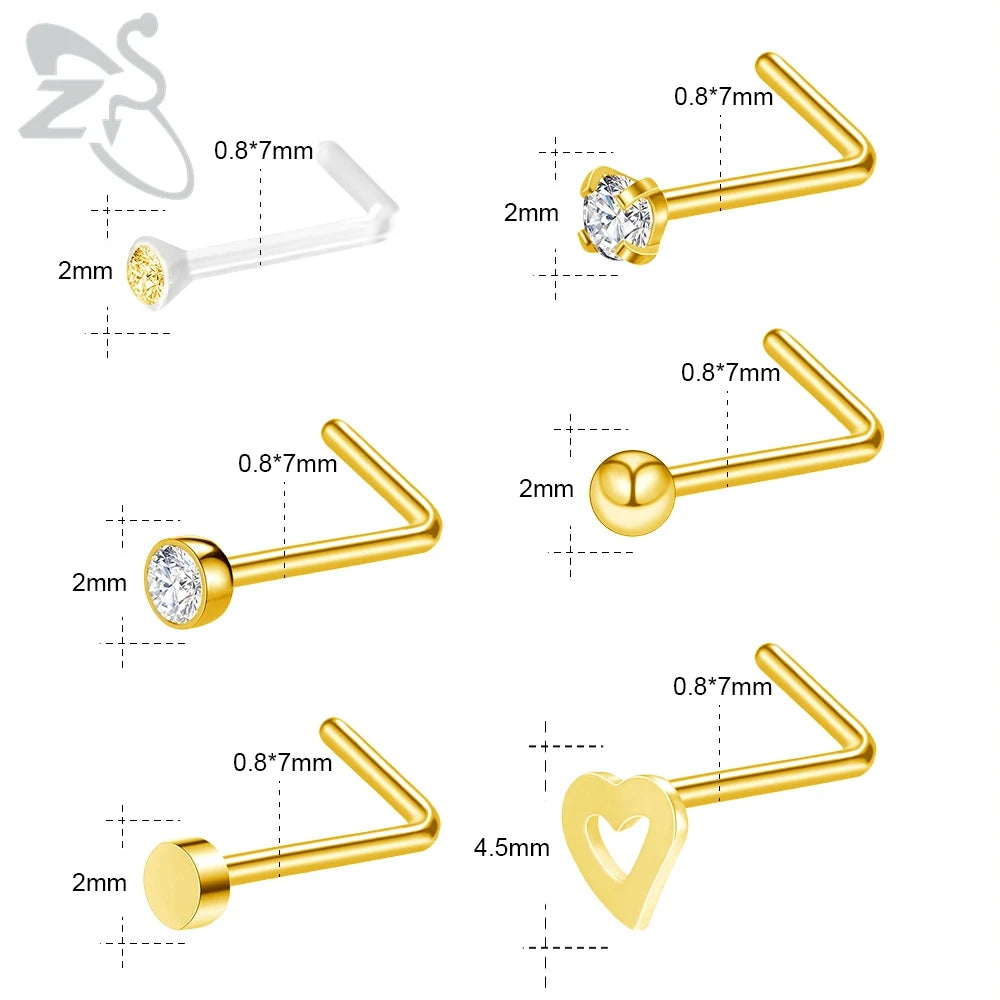 ZS 6-34pcs/Lot Heart Round Nose Piercing Ring Set Stainless Steel Crystal Nose Stud Pack L Shape Nose Nails Piercing Jewelry 20g