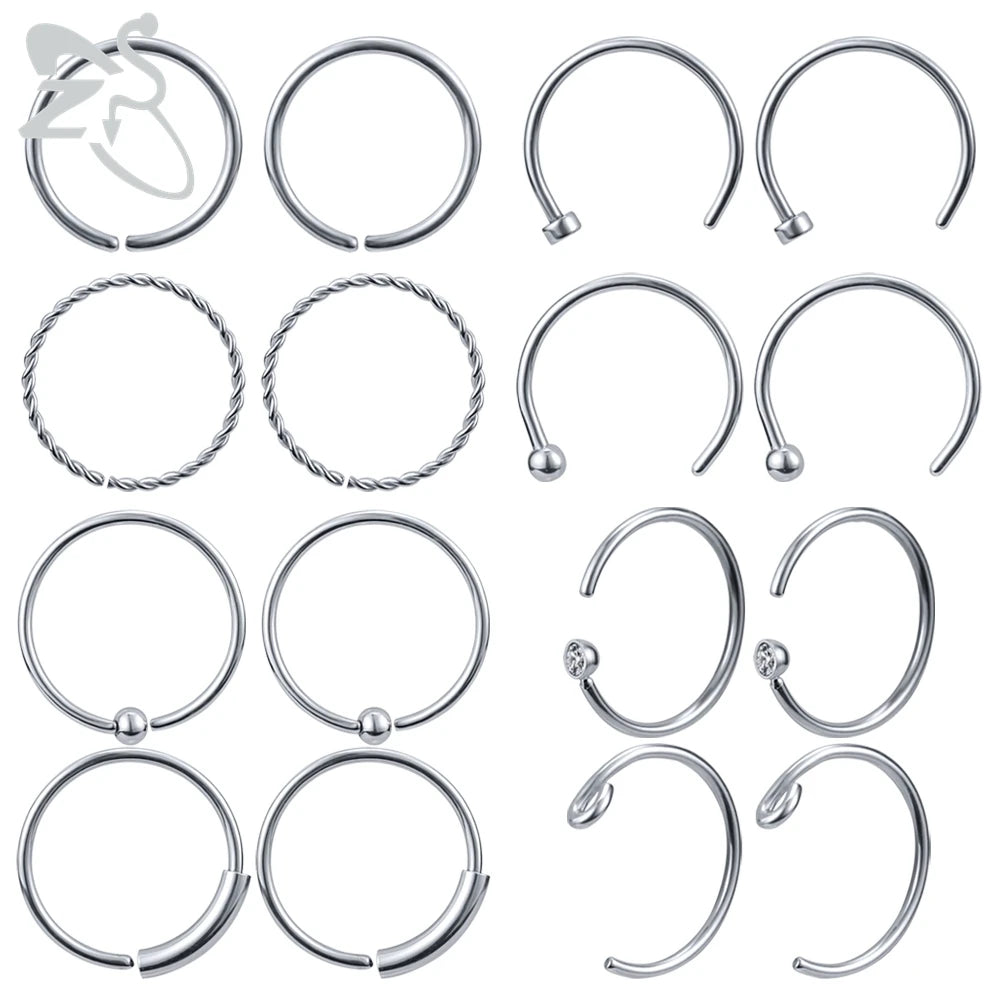 ZS 6-34pcs/Lot Heart Round Nose Piercing Ring Set Stainless Steel Crystal Nose Stud Pack L Shape Nose Nails Piercing Jewelry 20g
