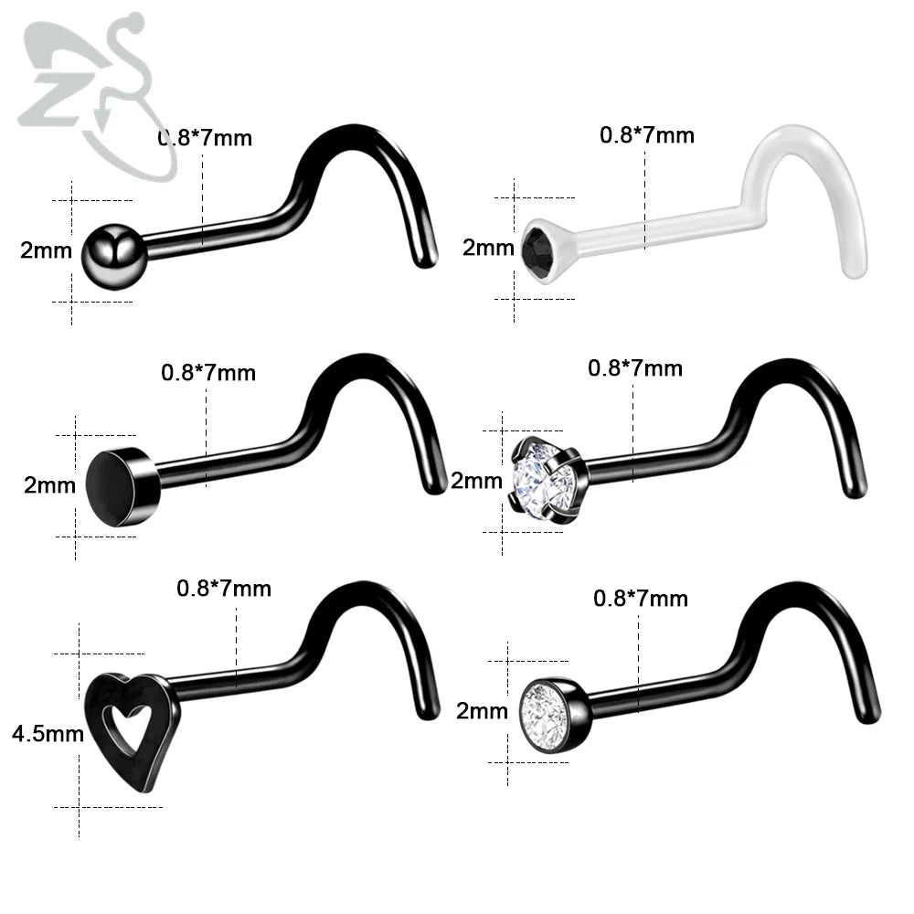 ZS 6-34pcs/Lot Heart Round Nose Piercing Ring Set Stainless Steel Crystal Nose Stud Pack L Shape Nose Nails Piercing Jewelry 20g