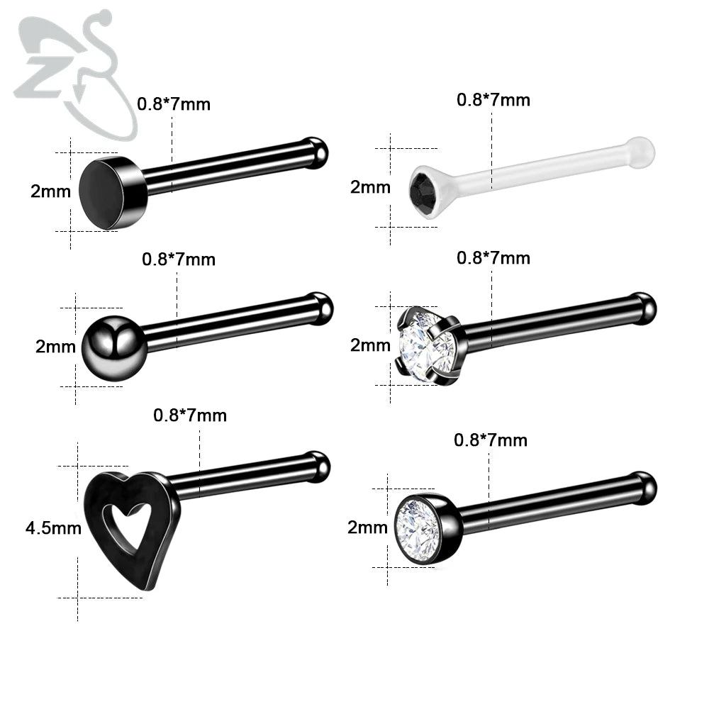 ZS 6-34pcs/Lot Heart Round Nose Piercing Ring Set Stainless Steel Crystal Nose Stud Pack L Shape Nose Nails Piercing Jewelry 20g