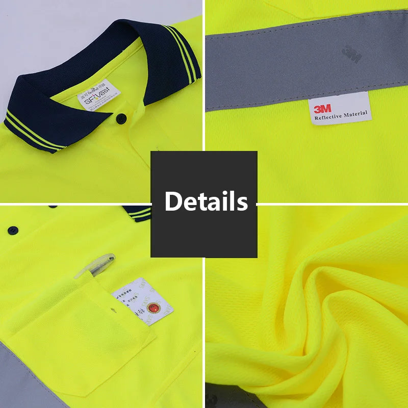 Safety Polo Shirt High Visibility Reflective Shirt With Chest Pockets Quick Dry Safety Clothes Work T-shirt Night Warning