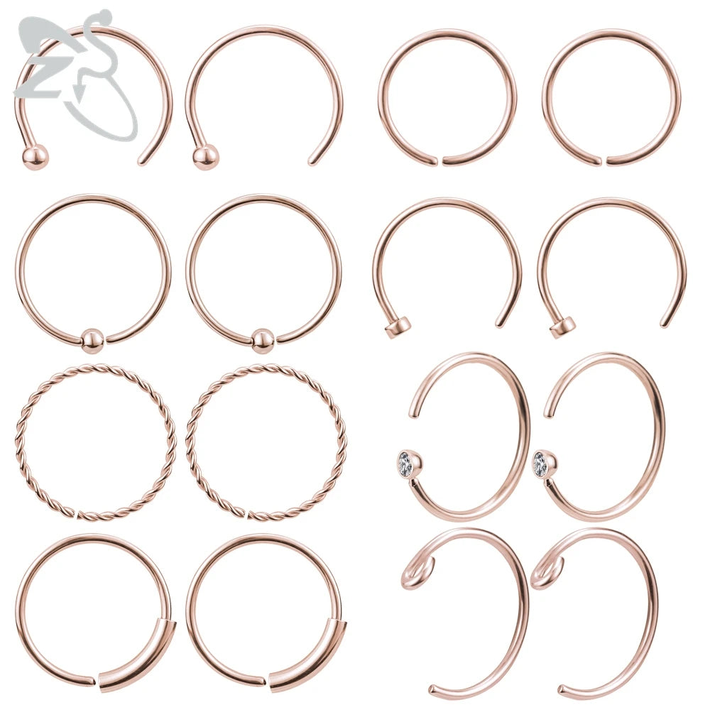 ZS 6-34pcs/Lot Heart Round Nose Piercing Ring Set Stainless Steel Crystal Nose Stud Pack L Shape Nose Nails Piercing Jewelry 20g