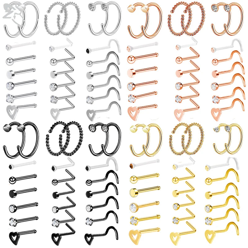 ZS 6-34pcs/Lot Heart Round Nose Piercing Ring Set Stainless Steel Crystal Nose Stud Pack L Shape Nose Nails Piercing Jewelry 20g