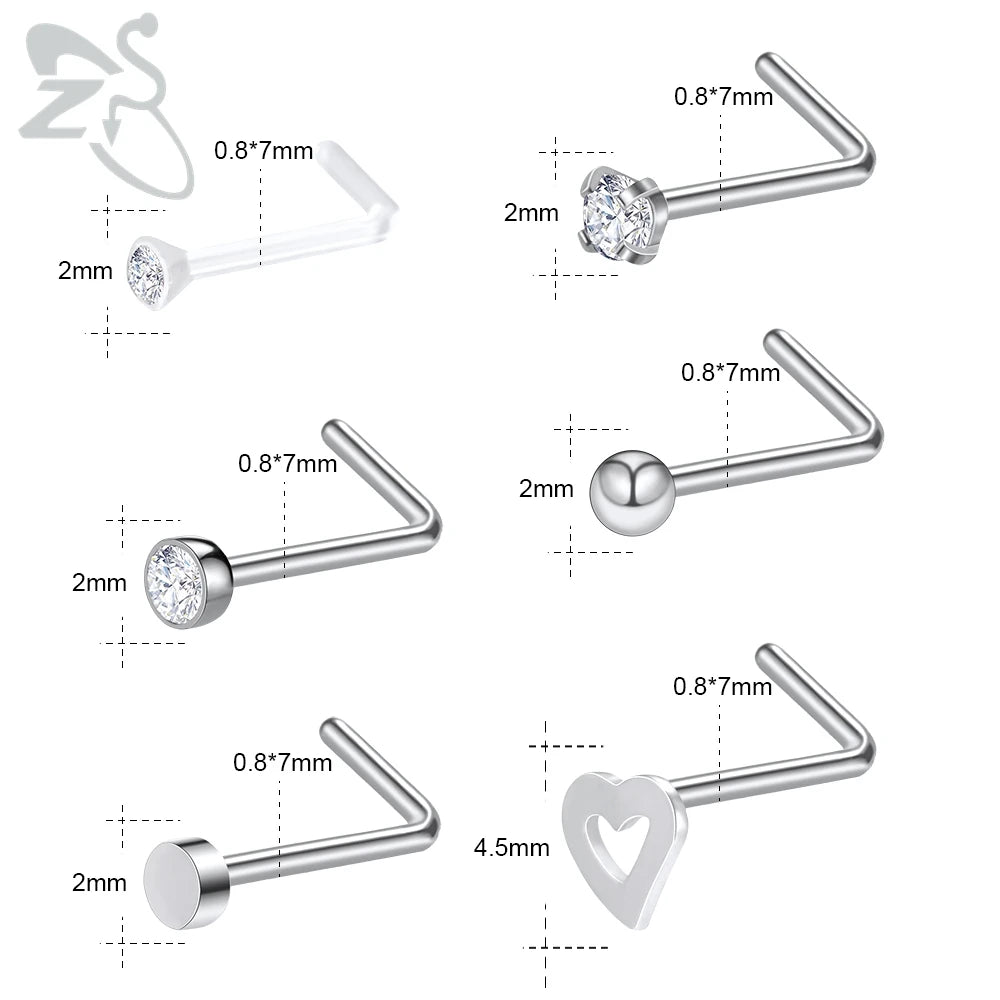 ZS 6-34pcs/Lot Heart Round Nose Piercing Ring Set Stainless Steel Crystal Nose Stud Pack L Shape Nose Nails Piercing Jewelry 20g