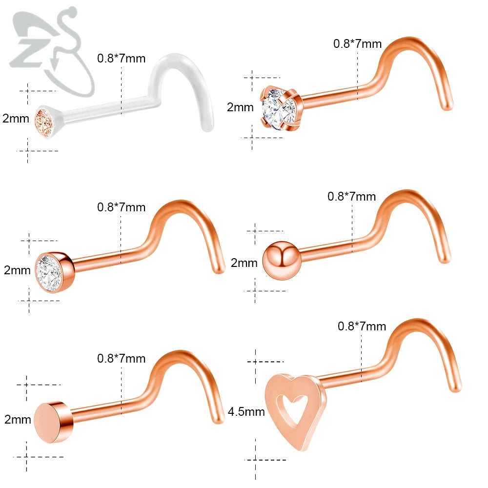 ZS 6-34pcs/Lot Heart Round Nose Piercing Ring Set Stainless Steel Crystal Nose Stud Pack L Shape Nose Nails Piercing Jewelry 20g