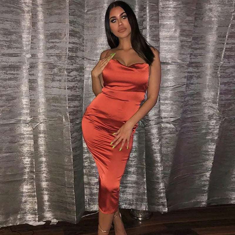 Neon Satin Lace Up Womens Light Pink Midi Dress Backless Bodycon Party Clubwear