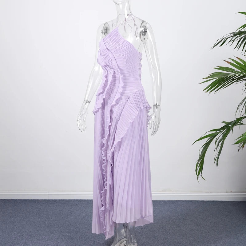 Gown Neck Strap Irregular Long Dress For Women Ruffle High Waist Backless Dress