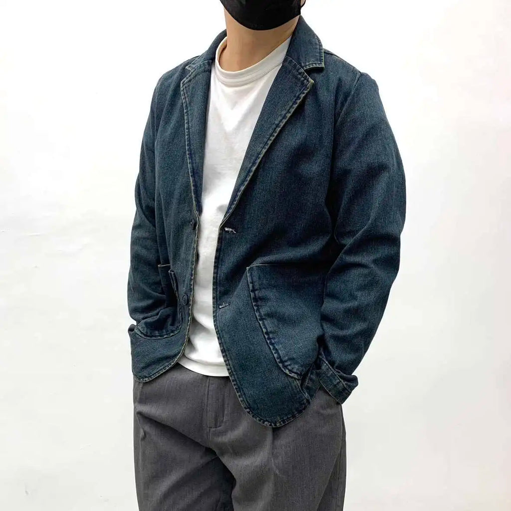 Men's Casual Denim Single Blazer Jacket Vintage Washed Distressed Overshirt Loose Fit Workwear Suit Coats