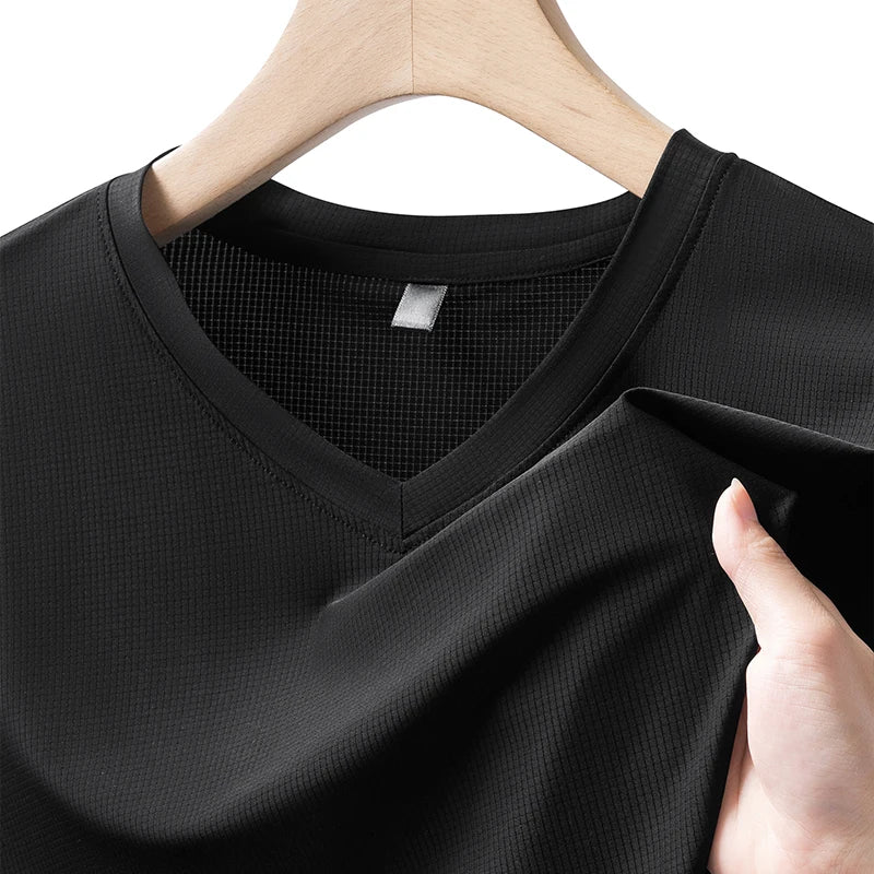 Plus Size 7XL 8XL short-sleeved T-shirt Men new summer ice silk V-neck casual pure color T-shirt outdoor sport Jogging Tops Tees