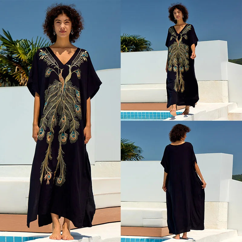 New Fashion European And American Cotton Embroidery Plus Size Long Dress Women's Beach Sun Protection Clothing Bikini Outerwear