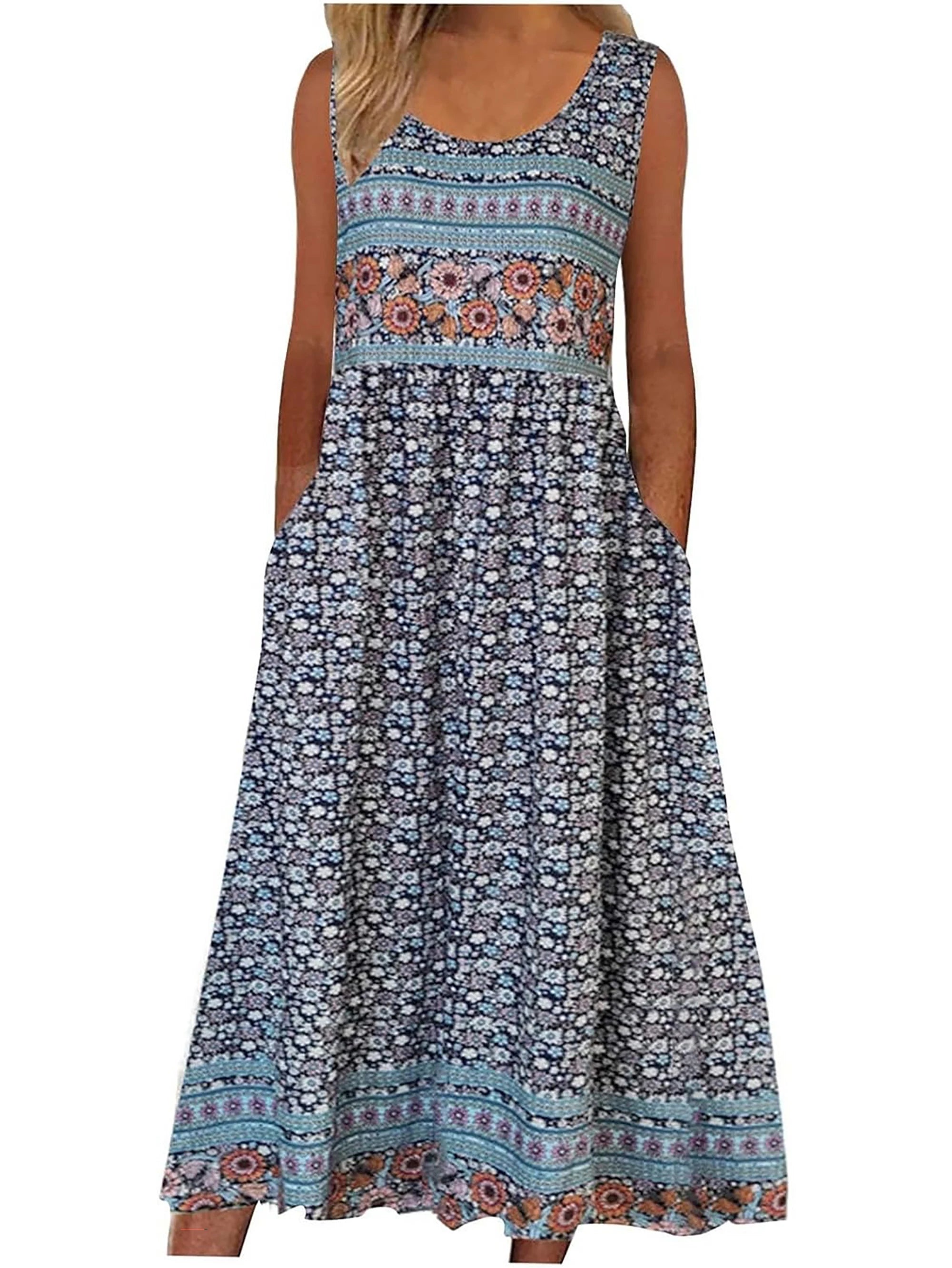 Women's Bohemian Floral Sleeveless Midi Sundress With Pockets Summer Beach
