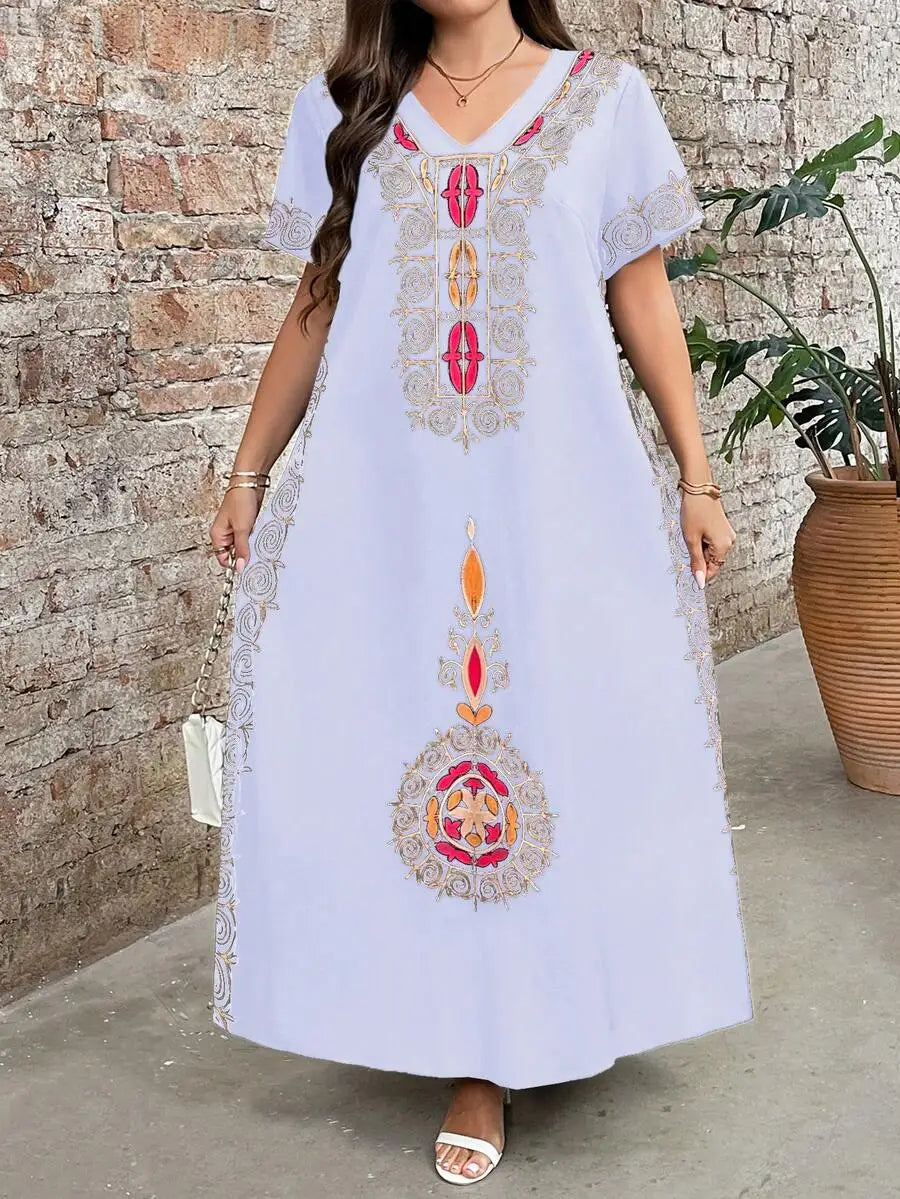 Boho Embroidered Maxi Dress V Neck Short Sleeve Loose Casual Summer Dress