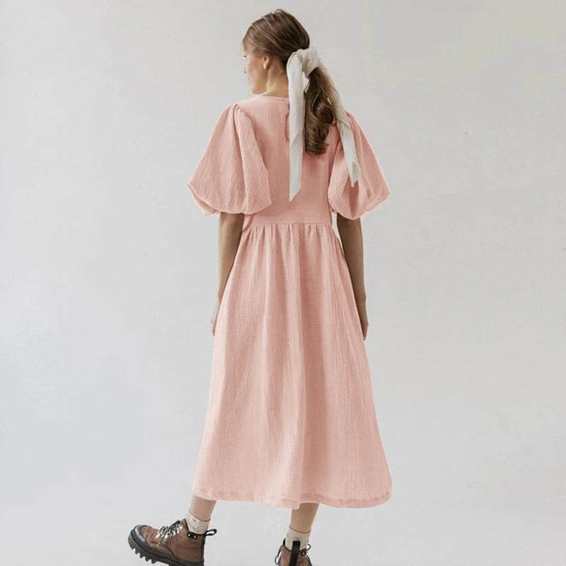 Puff Sleeve Maxi Dress For Women Muslin Crepe Gauze V-Neck  Bandage Lace Elegant Long Birthday Party Dress