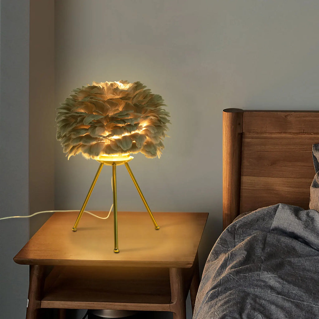 Grey Feather Table Lamp with Gold Finish, 46cm E26 Socket Night Light for Bedroom Living Room, Indoor Corded Electric Home Decor