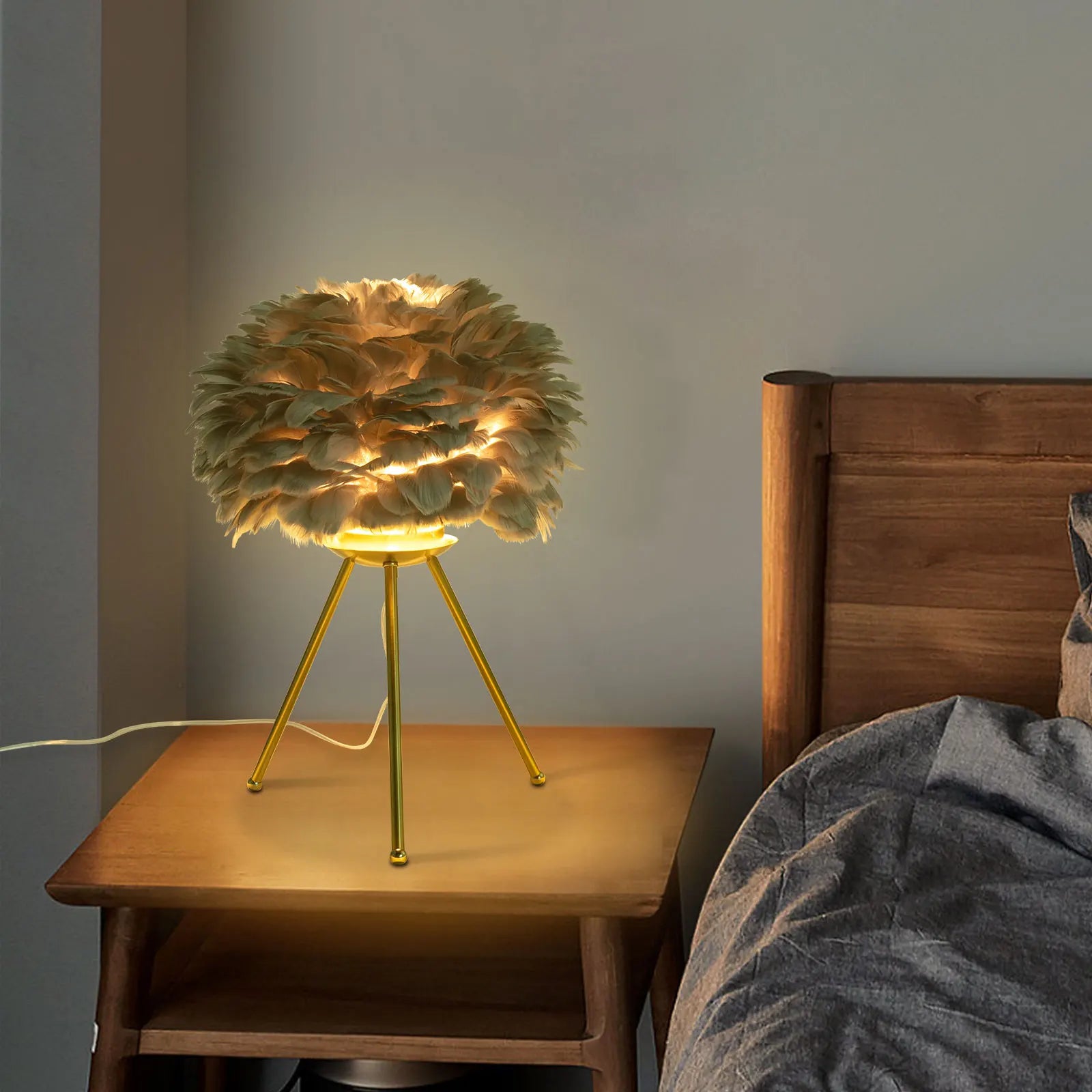 Grey Feather Table Lamp with Gold Finish, 46cm E26 Socket Night Light for Bedroom Living Room, Indoor Corded Electric Home Decor