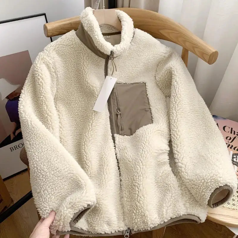 Autumn Winter Men Lamb Wool Jackets Women Fleece Stand Neck Jacket Couple Zipper Loose Warm Coat Male Solid Color Parkas Jacket