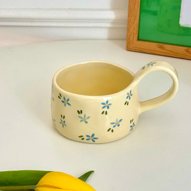 Cream yellow Ceramic Mug Korean Style Cute Flower Pattern Coffee Cup Hand Pinched Irregular Mug Breakfast Milk Tea Cups Watercup