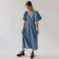 Puff Sleeve Maxi Dress For Women Muslin Crepe Gauze V-Neck  Bandage Lace Elegant Long Birthday Party Dress
