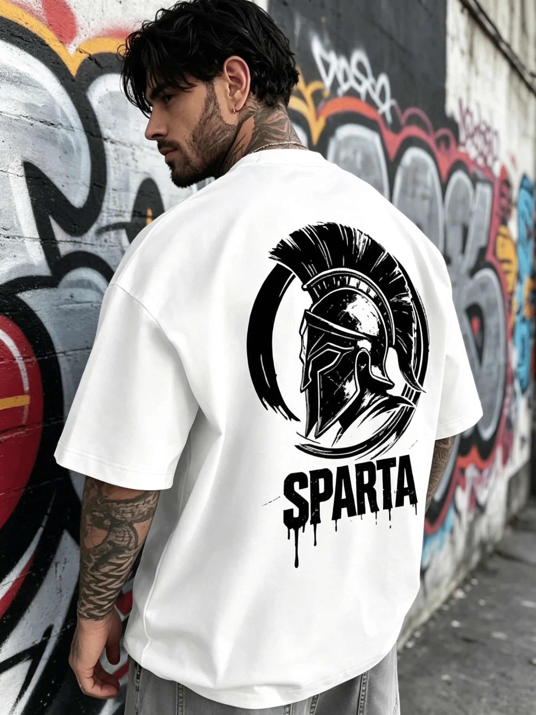 Men's Summer 100% Cotton Fashion Casual Street Spartan Knight Helmet Pattern Printed Loose Round Neck Short Sleeve T-shirt Top