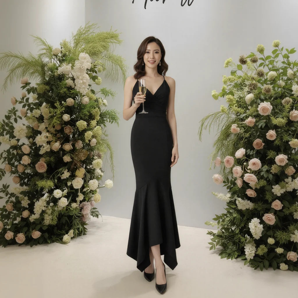 Halter Neck Cold Shoulder Ruffle Mermaid Long Dress - Women's Cocktail Evening Gown