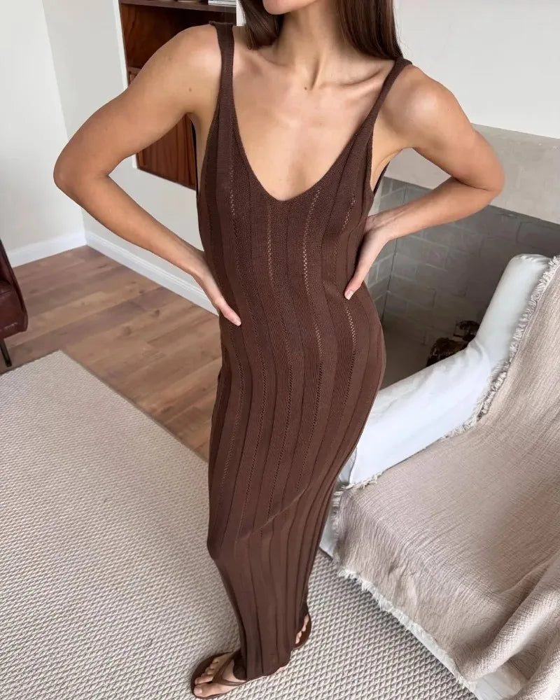 Trendix Knit Backless Maxi Dress For Women V Neck Sleeveless Beach Vacation