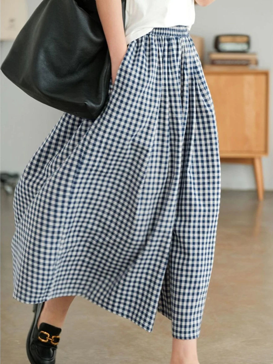 2024 Spring Elegant Woman Dress Plaid Pants Thin Cotton Linen Wide Leg Trousers Women High Waist Baggy Jogger Pants Sweatpants