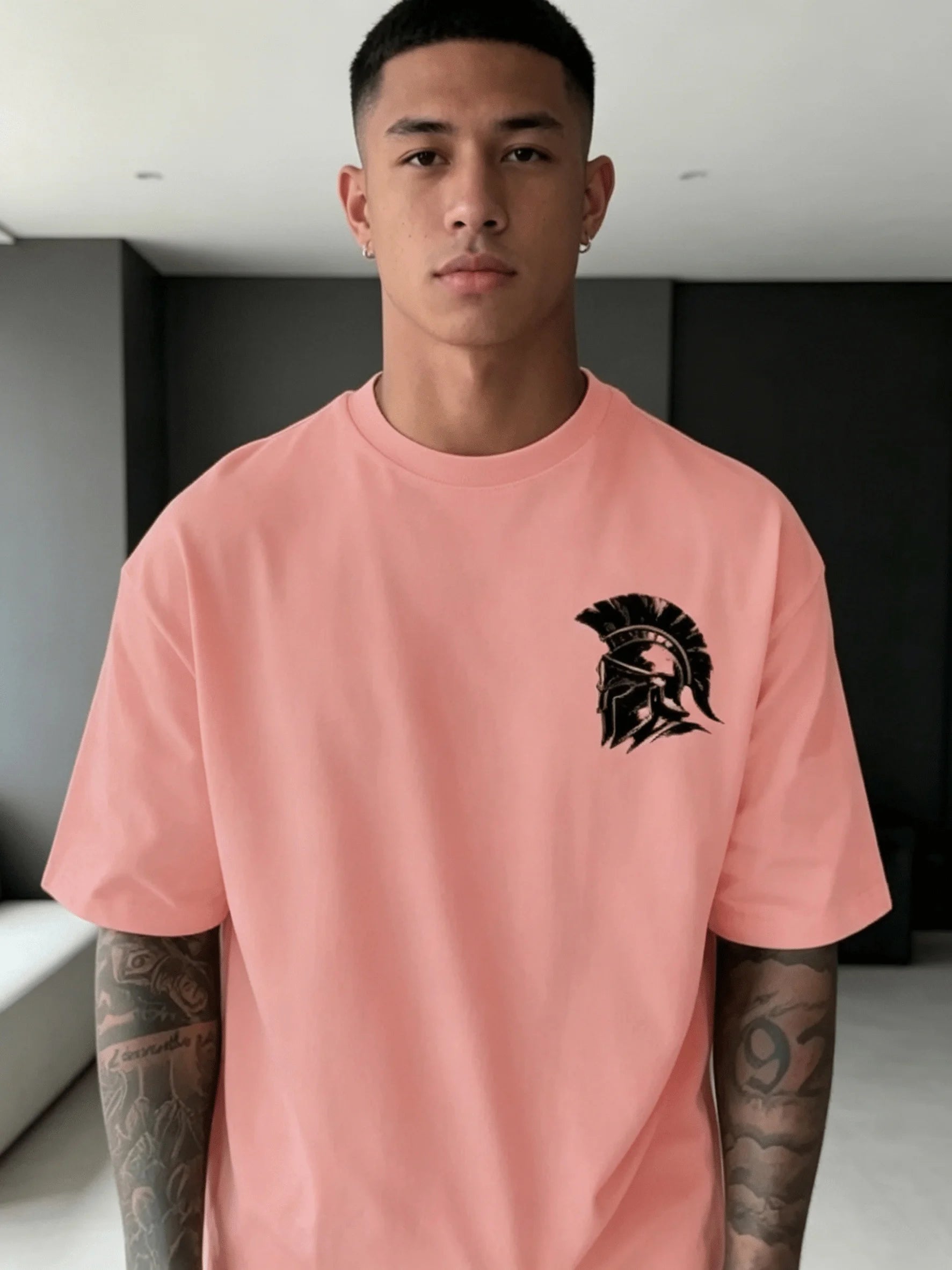 Men's Summer 100% Cotton Fashion Casual Street Spartan Knight Helmet Pattern Printed Loose Round Neck Short Sleeve T-shirt Top
