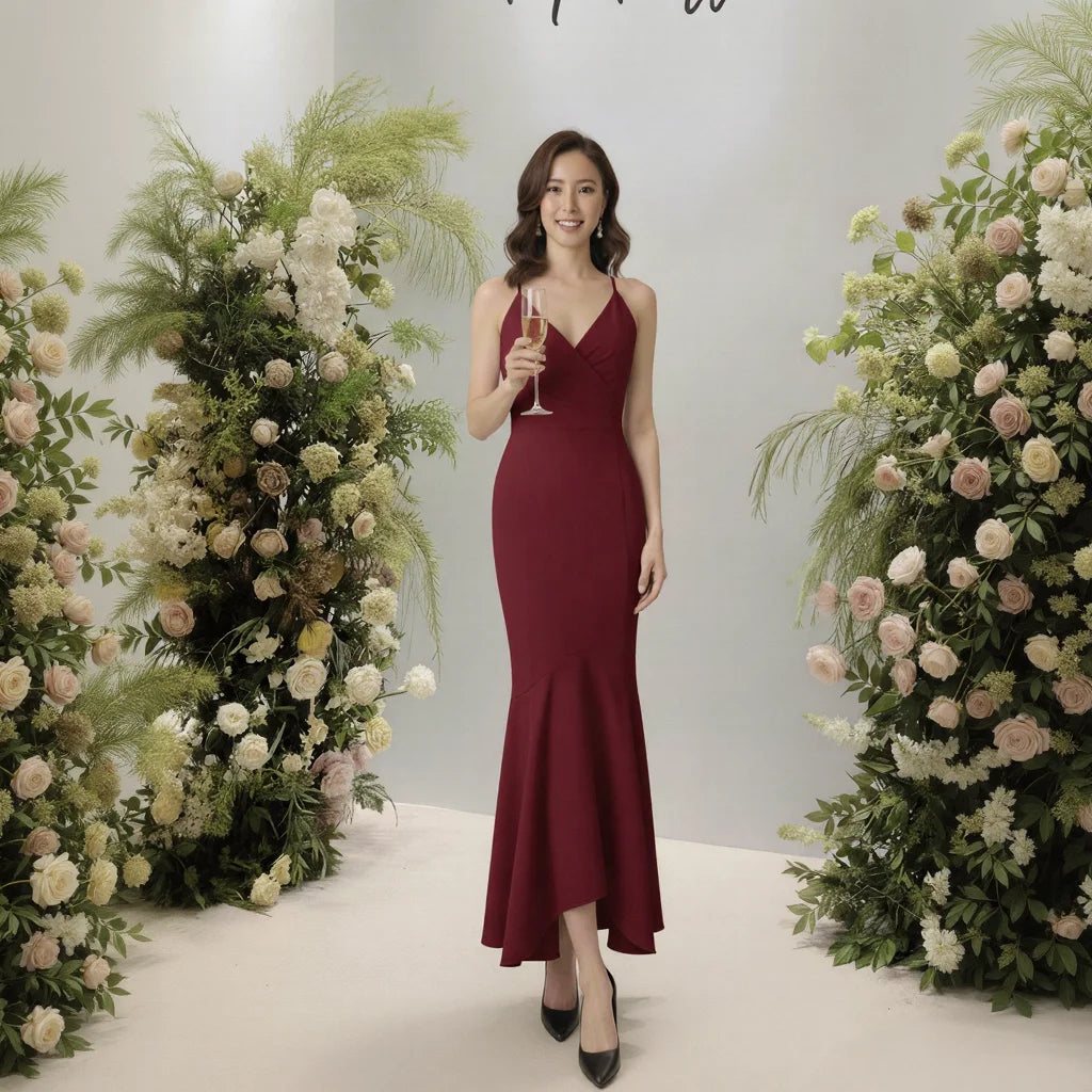 Halter Neck Cold Shoulder Ruffle Mermaid Long Dress - Women's Cocktail Evening Gown