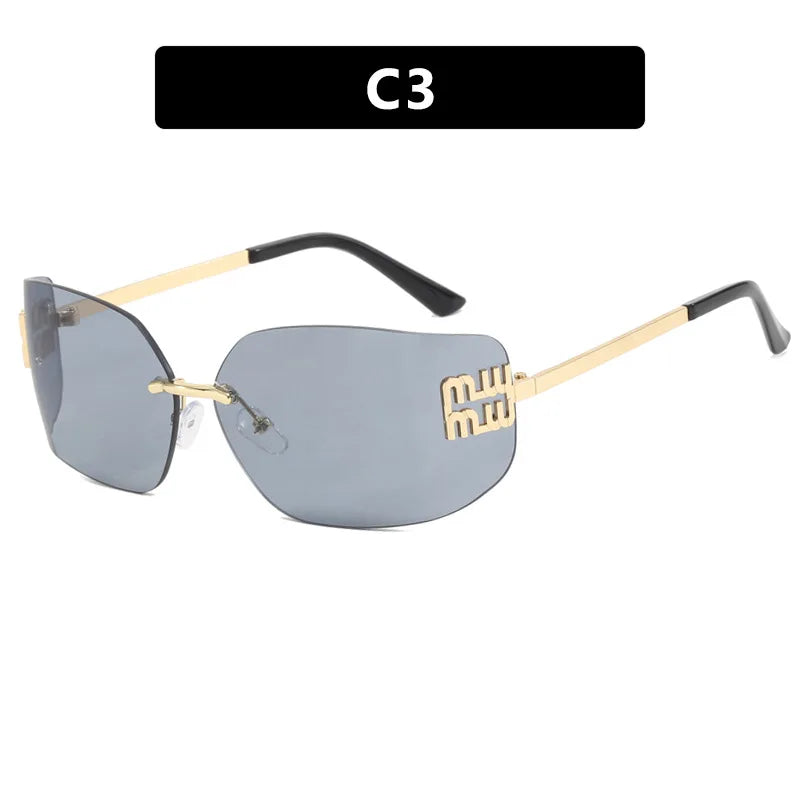 NEW Classic Sun Glasses Female Funky Metal Luxury Rimless Sunglasses Women BrandDesigner Rivets Rectangle Gradient Curved Shades