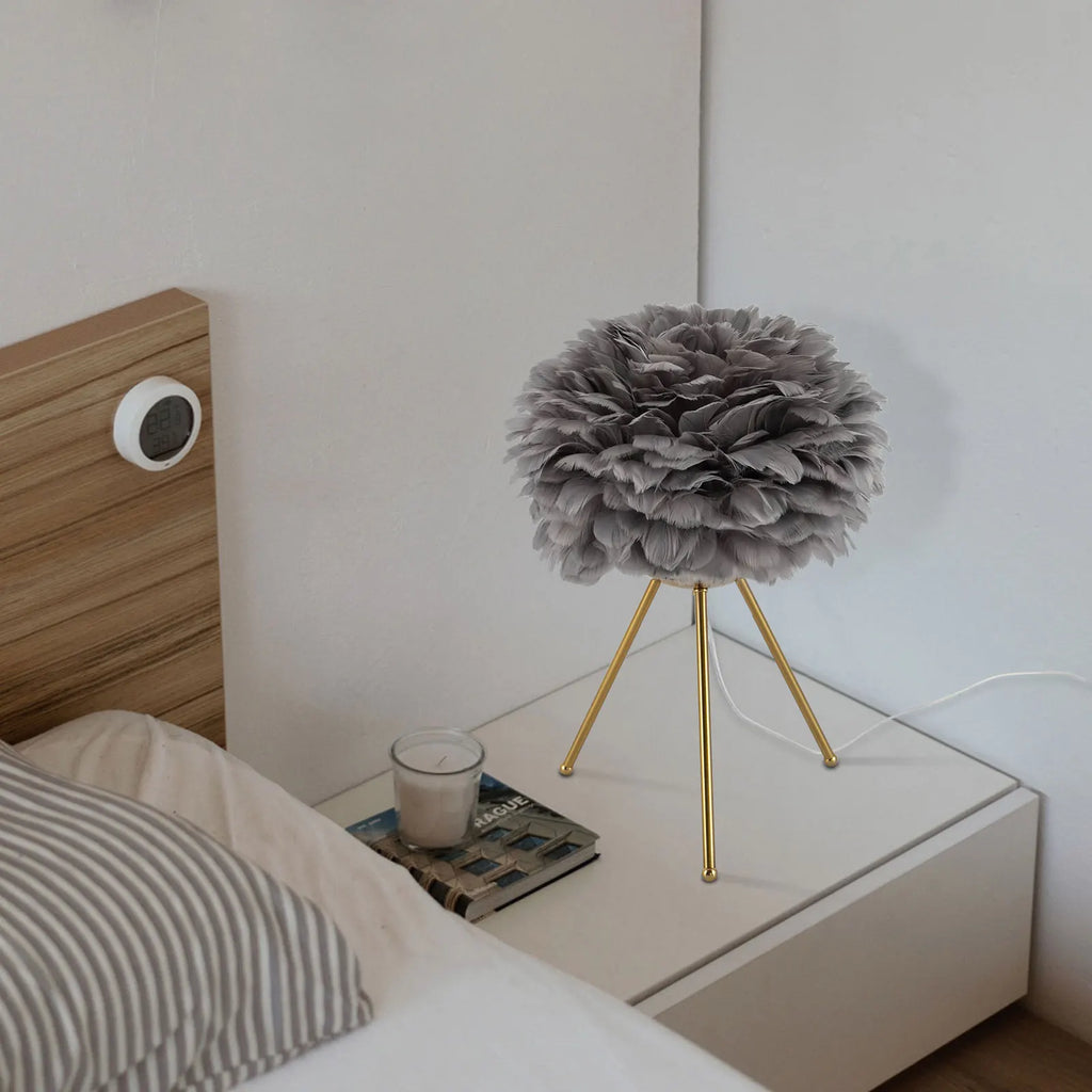 Grey Feather Table Lamp with Gold Finish, 46cm E26 Socket Night Light for Bedroom Living Room, Indoor Corded Electric Home Decor
