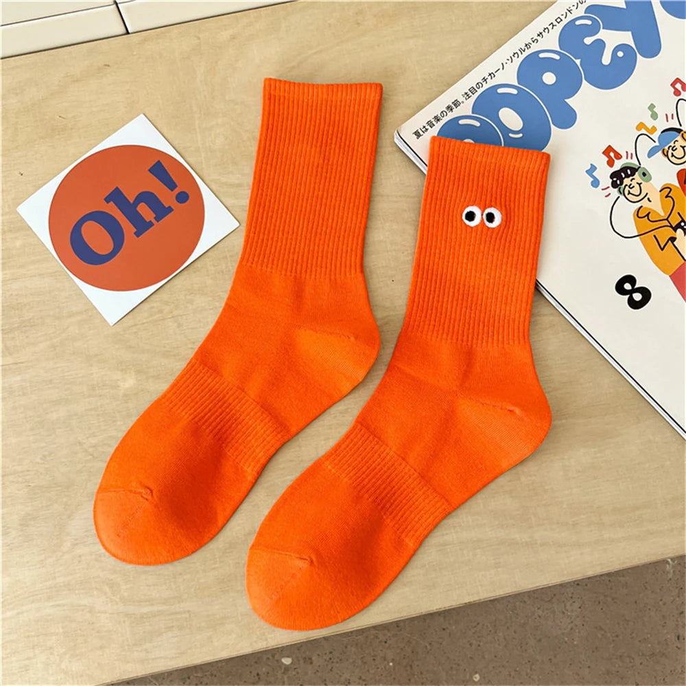 New Women's Embroidered Big Eyes Mid-Tube Socks Ins Trendy Colorful Cartoon Cute Soft Cotton Sports Sokken Dropship