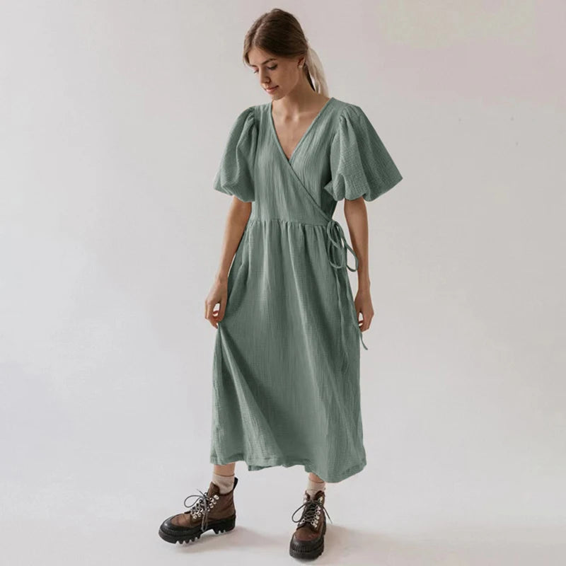 Puff Sleeve Maxi Dress For Women Muslin Crepe Gauze V-Neck  Bandage Lace Elegant Long Birthday Party Dress