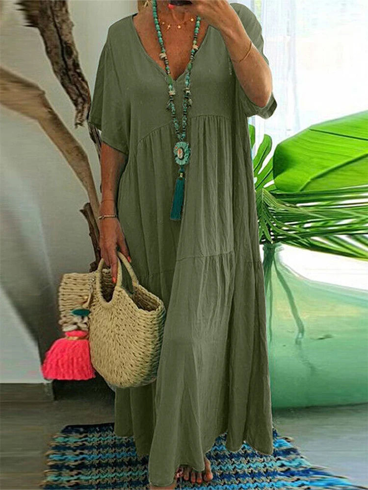 Plus Size Women's V Neck Pleated Solid Ankle Length Dress For Spring Summer