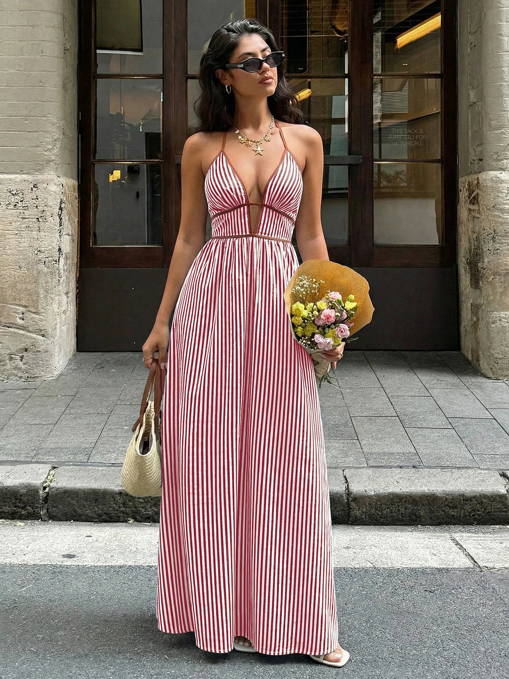 2026 Summer Striped Deep V Neck Backless Sleeveless Beach Long Dress