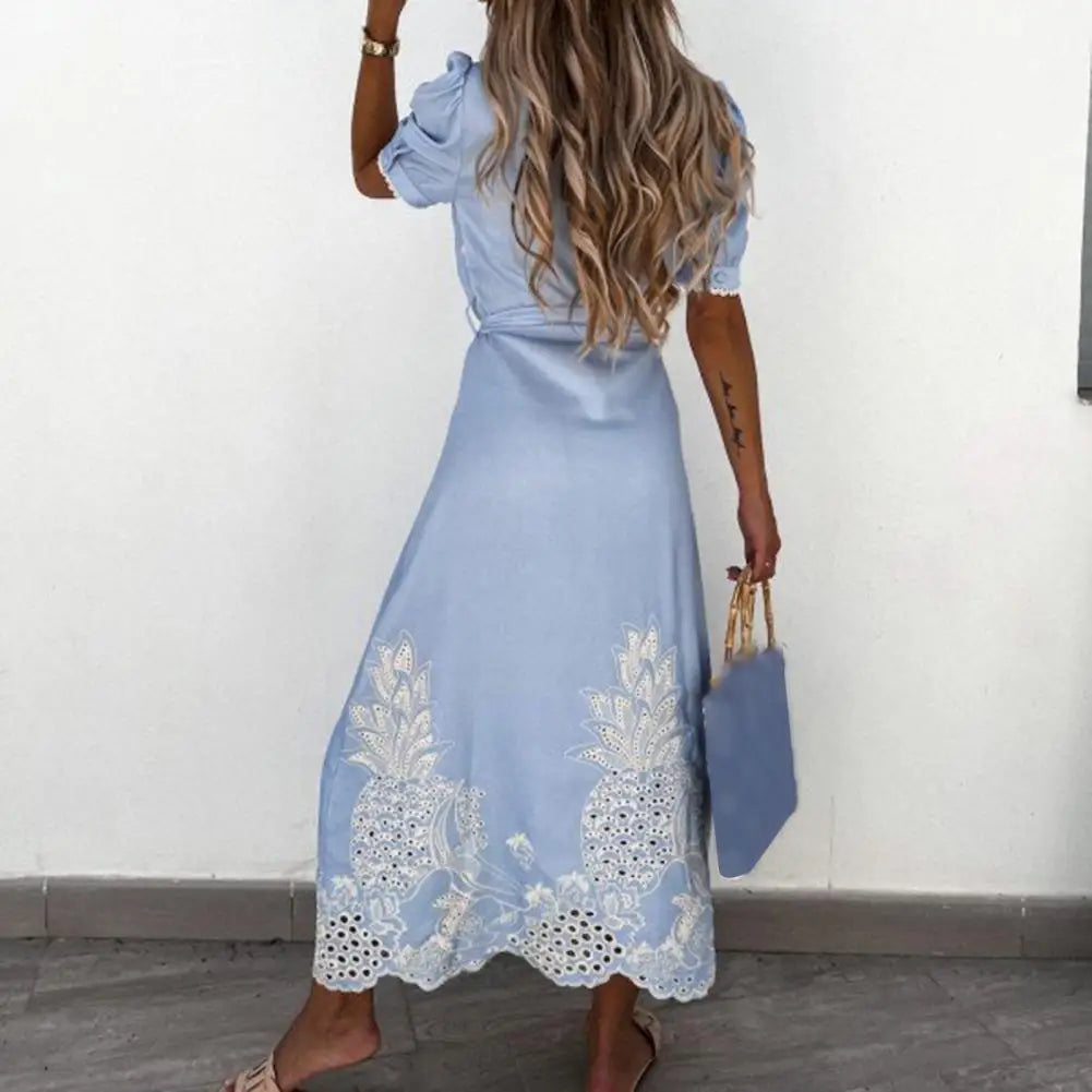 Lace-up Women Shirt Dress 2024 Summer Elegant Single Breasted Puff Sleeve Maxi Dress Vestidos Bohemian Sundress Party Robe