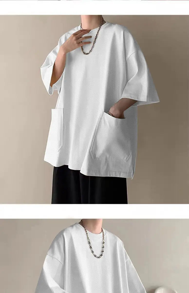 Men's Pocket Patchwork O-Neck Solid Short Sleeve T-Shirts Loose Fashion Summer New Plus Size Basic Tops Trend Casual Men Clothes