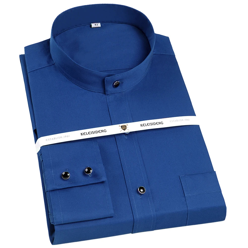 Men's Banded Collar Long Sleeve Solid Dress Shirts Single Patch Pocket Standard-fit Formal Business Casual Blouse Cotton Shirt