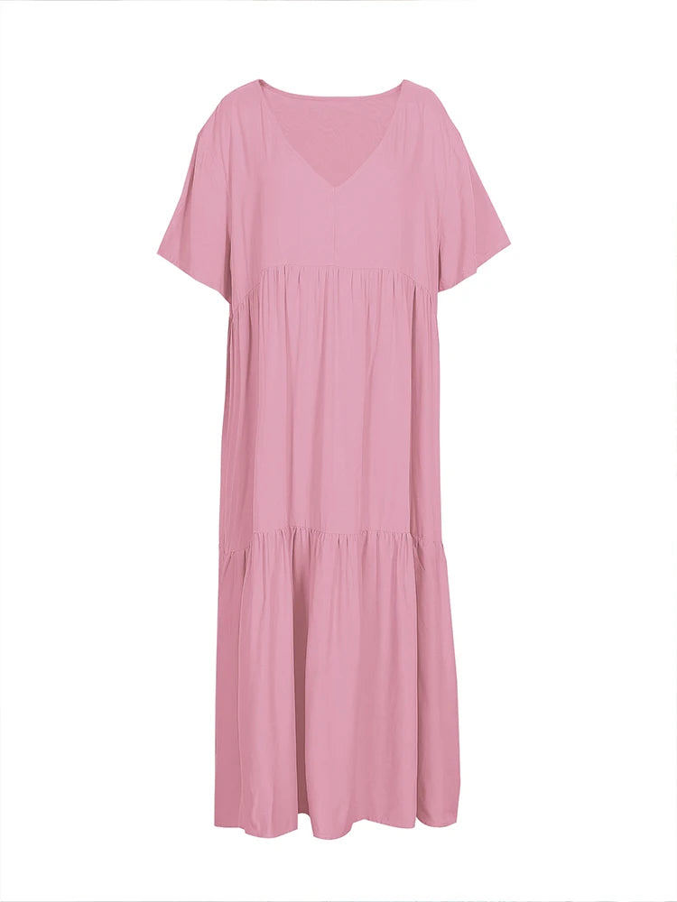 Plus Size Women's V Neck Pleated Solid Ankle Length Dress For Spring Summer