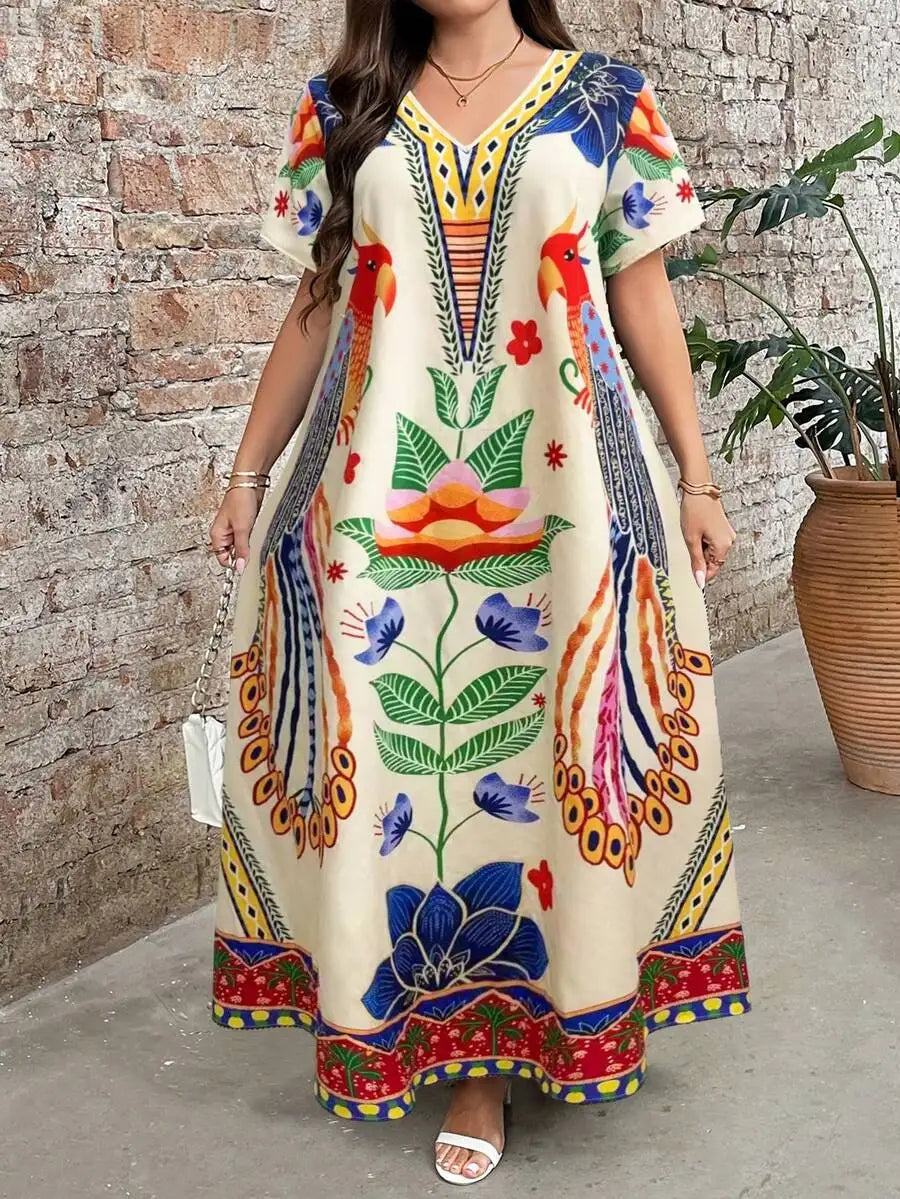 Boho Embroidered Maxi Dress V Neck Short Sleeve Loose Casual Summer Dress