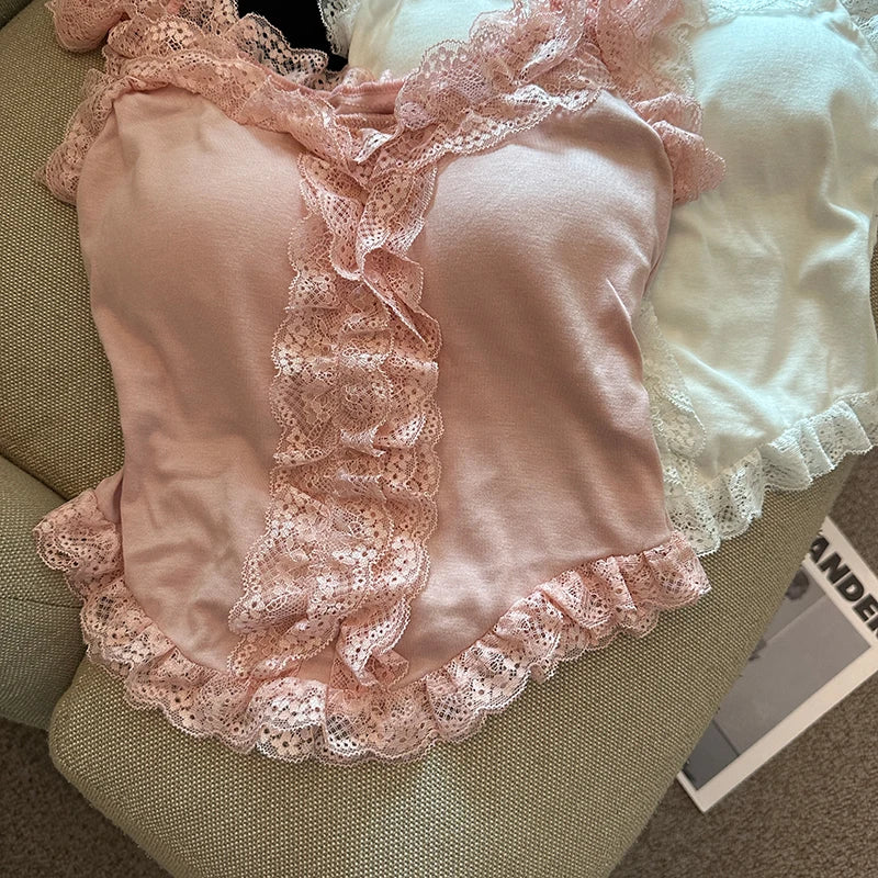 Black Spicy Girl Knitted Strap Vest Women's Summer Pure Desire Sexy Lace Splice Tight Inner Wear Top Outerwear