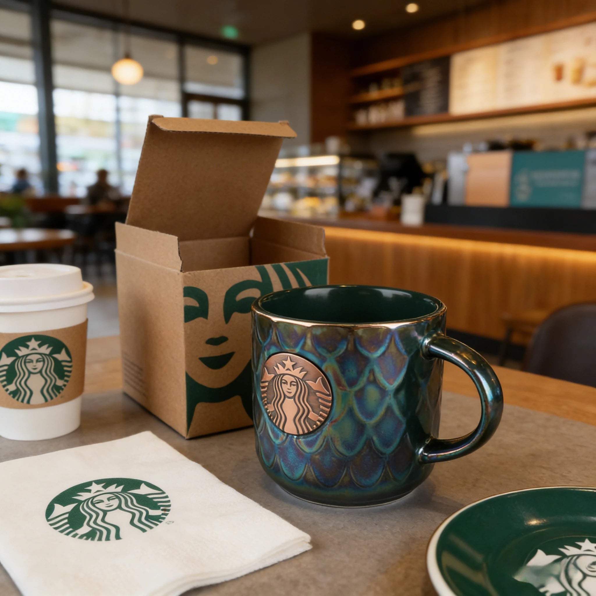 Starbucks Iridescent Green Scale Ceramic Mug 400ml with Copper Logo Gift Box for Home & Office Use