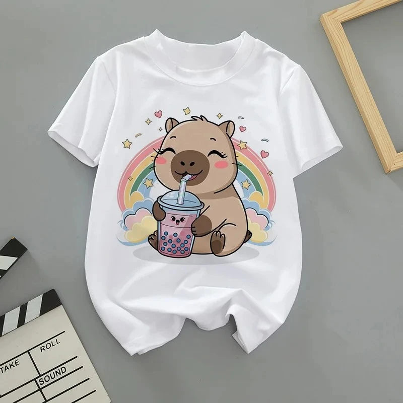 Summer Cartoon Cute Capybara Print Children T-shirt Short-sleeved Fashion Boys and Girls Round-neck Baby Kid Tshirt Trend